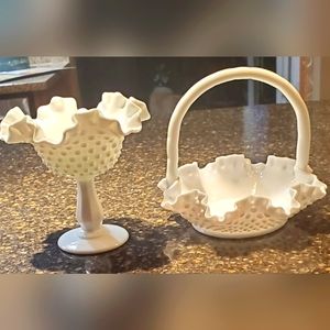 1950's vintage Fenton Hobnail Candy Dish & Basket